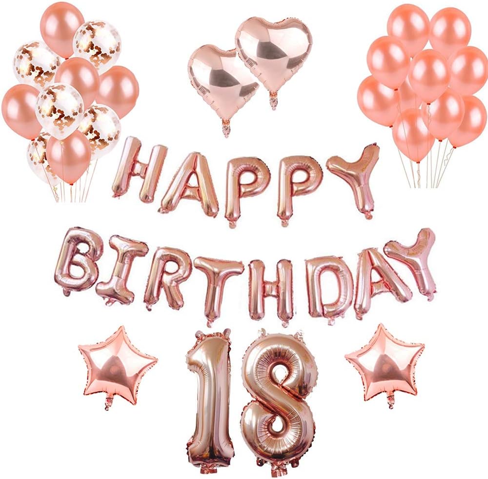 Toupons 18th Birthday Decorations Rose Gold, Balloons Party Decorations Set, Rose Gold Happy Birthday Banner Star Heart Foil Balloon Confetti Latex Balloons for Party Supplies(18th)