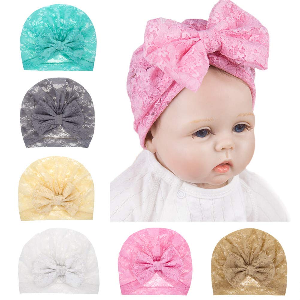 TSWRK Baby Newborn Hat,Cute Lace Bows Turban Hats Infant Toddlers Child Baby Girls Soft Hats Caps(Pack of 6)