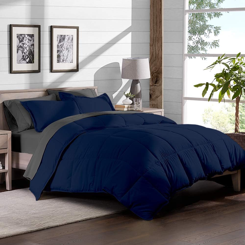 Bare Home Bedding Set 7 Piece Comforter & Sheet Set - Full XL - Goose Down Alternative - Ultra-Soft 1800 Premium - Hypoallergenic - Breathable Bed Set (Full XL, Dark Blue/Grey): Home & Kitchen