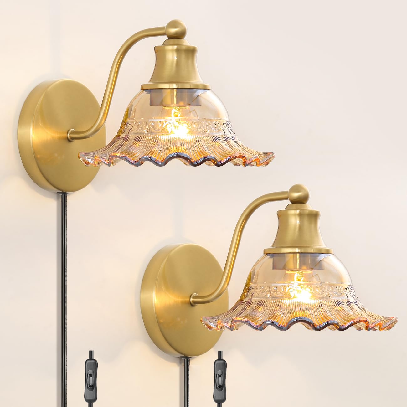 Photo 1 of Vintage Plug in Wall Sconces Set of 2, Plug in Wall Lights with Amber Glass, Brass Gold Corded Wall Sconce Light, Bedside Wall Lamp Set of Two, Wall Mounted Lights for Living Room, Hallway, Bedroom