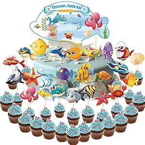5Pcs Sea Fish Cake Topper Figures - Ocean Animal Decor For Under The Sea Birthday & Baby Shower Parties