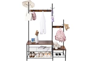 PABRONI Parent-Child Hall Tree Entryway Bench with Coat Rack Sturdy Shoe Rack Storage, 3-in-1 Functional Hall Tree Industrial Rustic Wood Metal Furniture for Entrance (1+1 Rustic Brown + Black)