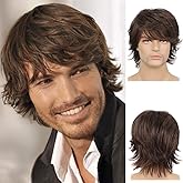 Wiwige Short Brown Wig for Mens Layered Natural Fluffy Synthetic Hair Wig Heat Resistant Halloween Cosplay with Wig Cap