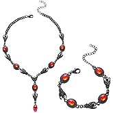 Hremhoo Gothic Halloween Jewelry Set for Women Dark Vintage Crystal Blood Drop Tassel Necklace Eearrings Black Gothic Necklaces Bracelet Earrings Sets Halloween Jewelry Set for Women