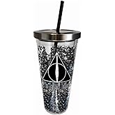 Spoontiques - Harry Potter Tumbler - Deathly Hallows Glitter Cup with Straw - 20 oz - Acrylic - Black