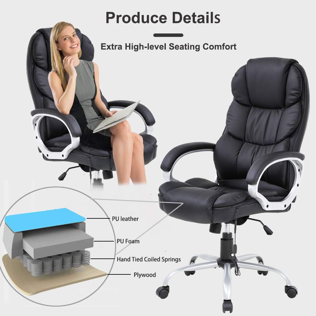 Home Office Chair Massage Desk Chair Ergonomic Computer Chair with Lumbar Support Headrest Armrest High Back Task Chair Rolling Swivel PU Leather Executive Chair for Women Adults, Black: Furniture & Decor