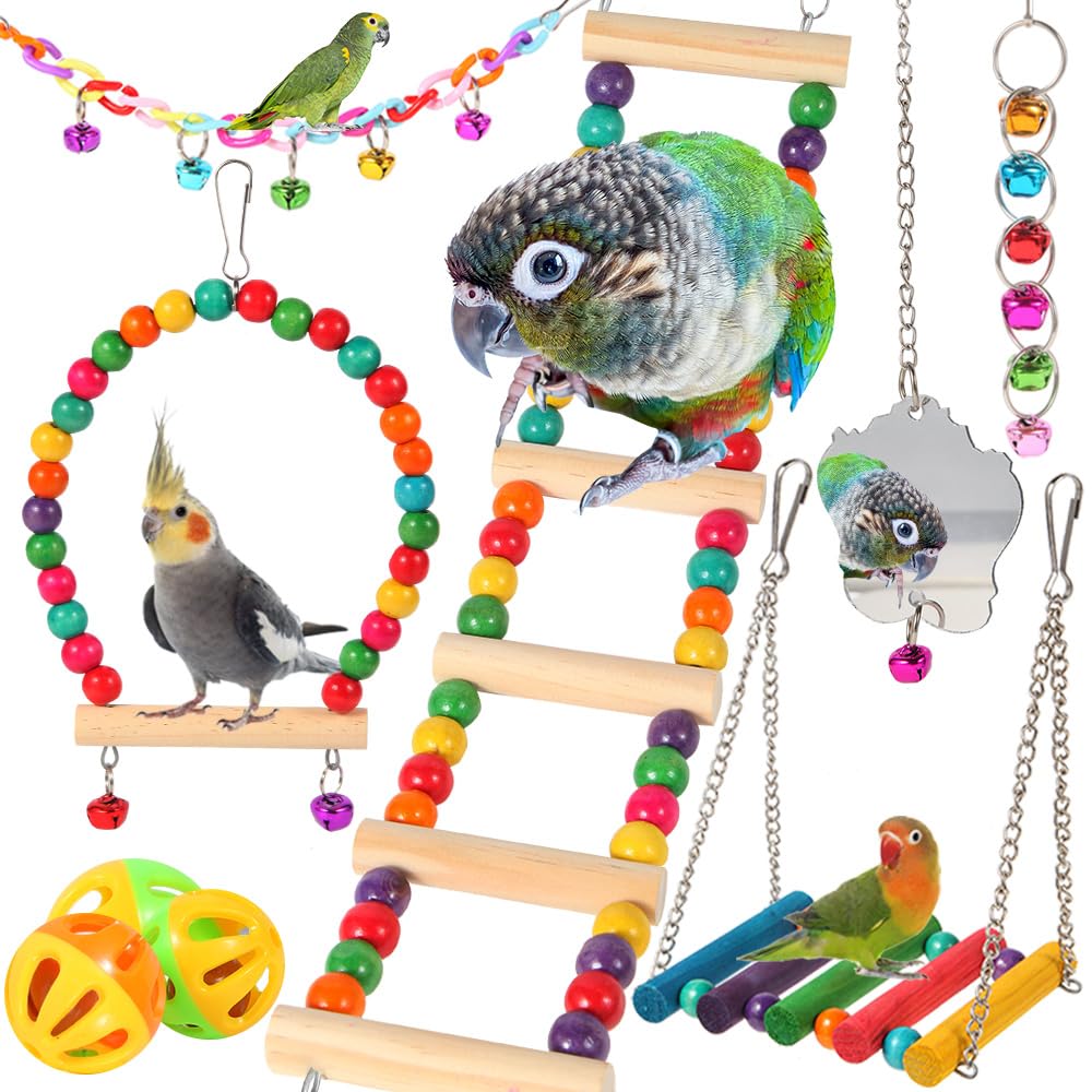 9Pcs Bird Toys for Parakeets - Wooden Ladder Bridge & Swing Hammock for Parrots, Conure, Cockatiel, Love Birds, Finches, Mynah, Budgerigar