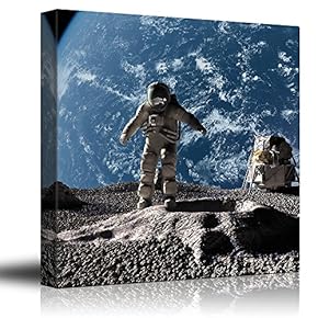 Astronaut Standing on The Moon Overlooking Planet Earth - Canvas Art Home Art - 12x12 inches