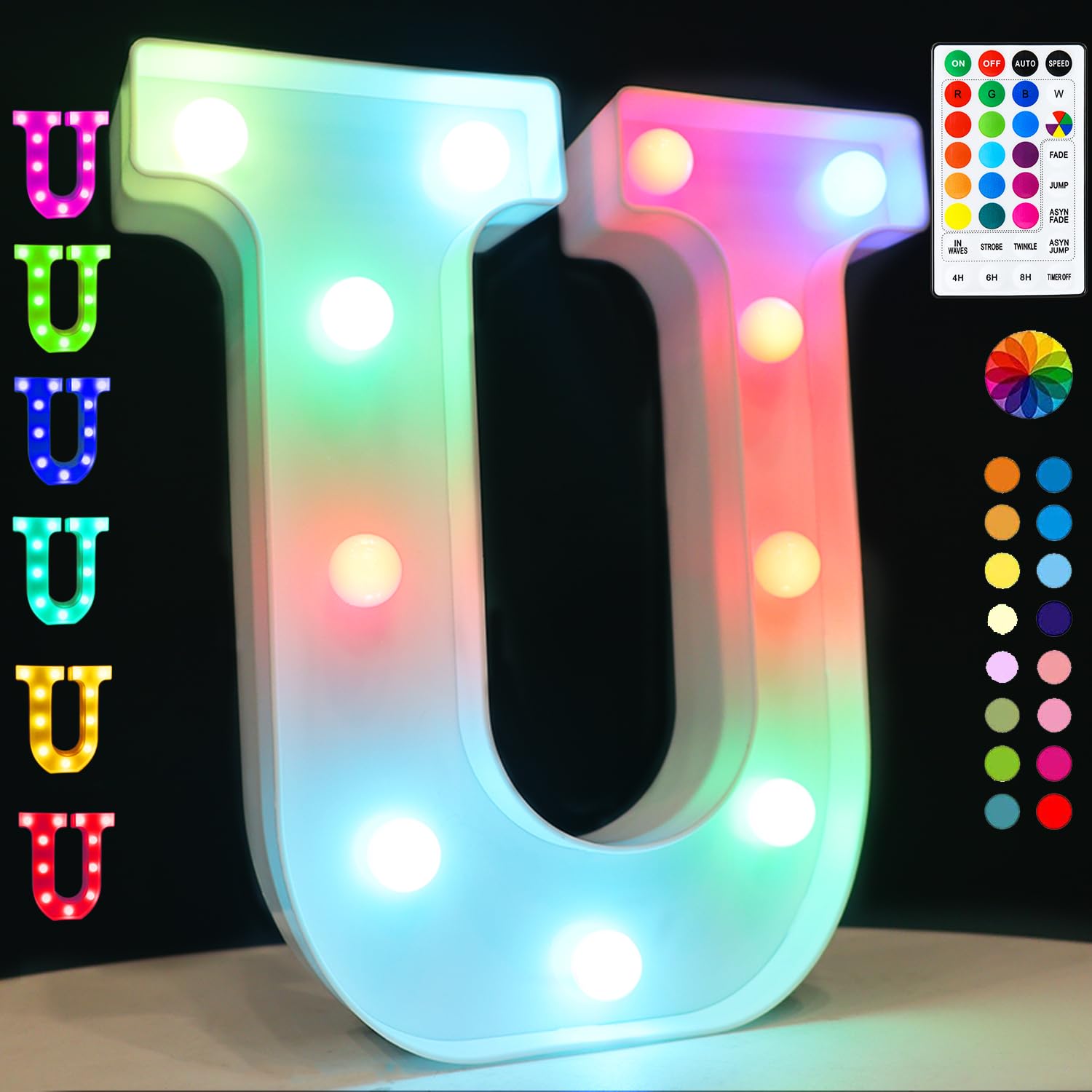 Light Up Colorful LED Marquee Letter Lights, 18 Colors Changing Alphabet Letters Sign with Remote Timer for Night Light Wedding Birthday Party Lamp Christmas Home Bar Decor- Colorful U