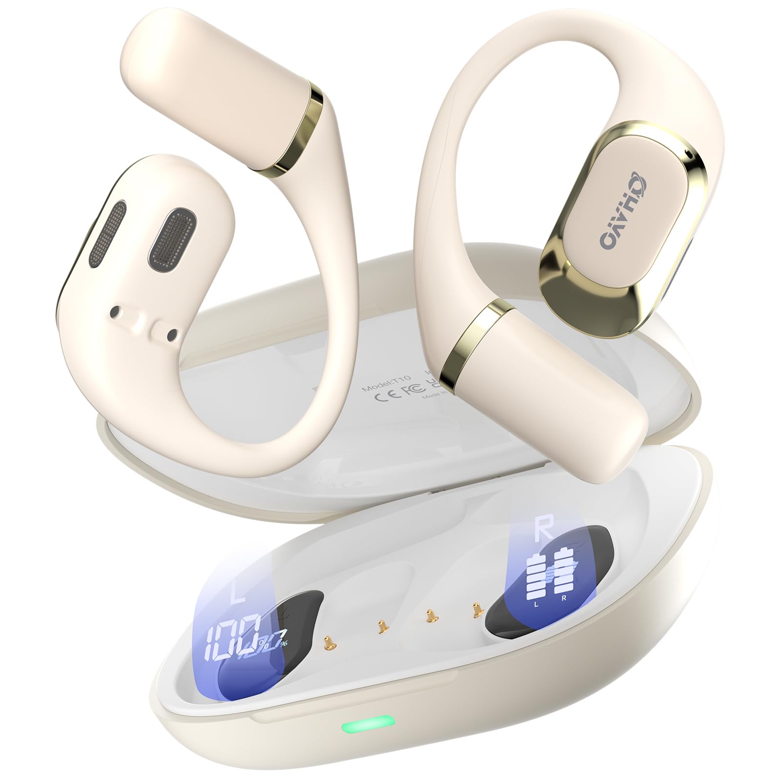 Photo 1 of OHAYO Open Ear Headphones,Earbuds with Ergonomic Earhook,Bluetooth Headphones 5.4 with Smart Digital Display,40H Playtime,IPX6 Waterproof,Touch Control Earphones Fit Cycling,Running,Workout(Beige)