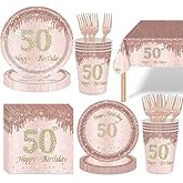 121Pcs 50th Birthday Party Supplies Plates Napkins Cups Forks Tablecloth Rose Gold Happy 50th Birthday Themed Disposable Tableware Decorations Serves 24 Guests for Women Ladies 50 Years Old Birthday