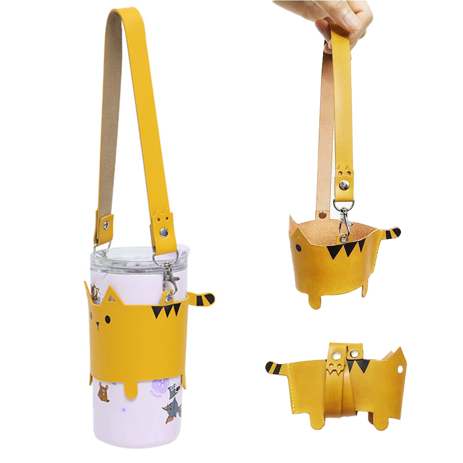 KASESSS Cup Holder Strap PU Leather, Cute Cat Bottle Holder Strap, Interesting Water Bottle Bag, Creative Cup Carrier Hand Strap, Water Bottle Carrier for Hiking, Camping, Outdoor Activities, Yellow