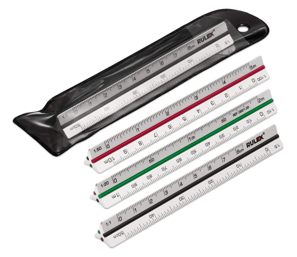 Rulex 100mm 10cm Micro Silver Metal Triangular Scale Ruler with Coloured Stripes and Scales: Side 1 – 1:1 & 1:5, Side 2 – 1:20 & 1:10, Side 3 – 1:50 & 1:100