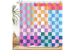 ZXMBF Retro Checkered Shower Curtain Colorful Geometric Modern Rainbow Minimalist Groovy Simple Bright Aesthetic Home Bathroom Decor Waterproof Fabric 72Lx72W Inch with Plastic 12PCS Hooks