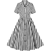 Black and White Striped Dress Women Black Striped Dress Buttons Striped Short Sleeve Dress for Women Halloween Dress Vintage Shirt Dress 1950s Retro Vintage Cocktail Party Swing Dresses Black White L