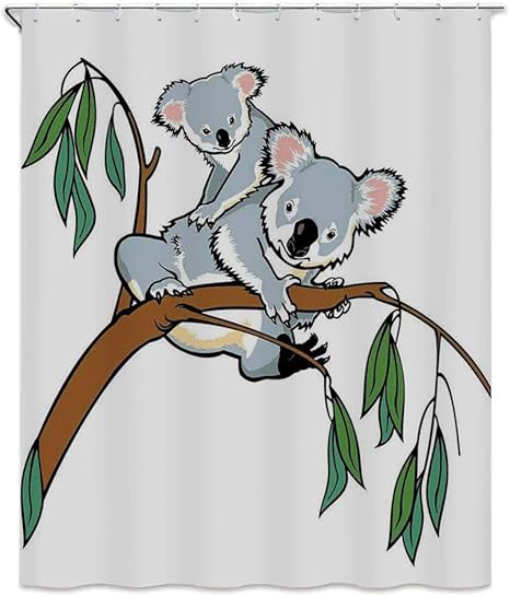 Amazon ユーカリの木の枝 シャワーカーテン 90 X 180cm 野生生物の森 防カビ 防水 バス用品 プライバシー保護 取付簡単 灰色の茶色の上を登る熱帯の動物 母親と赤ちゃんのコアラ シャワーカーテン ホーム キッチン オンライン通販
