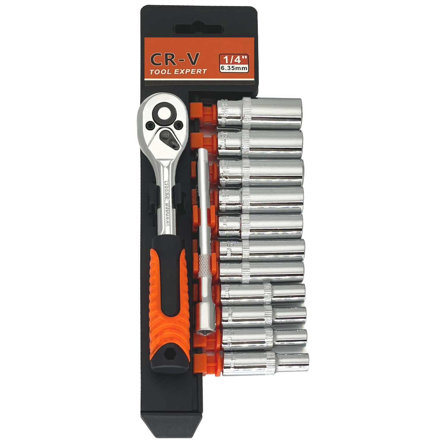 JinPhon 13-Piece Socket Wrench Set, 4 mm - 14 mm, Chrome Vanadium Steel, Ratchet Handle, Extension Bar, Organizer Holder