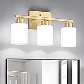 FonmYim Gold Bathroom Light Fixtures, 3-Light Modern Vanity Light Over Mirror, Wall Sconces with Milky White Frosted Glass Sh