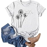 MaQiYa Womens Cute Make A Wish Dandelion Printed Tee Shirts Summer Cotton Vintage Graphic Tees Tops