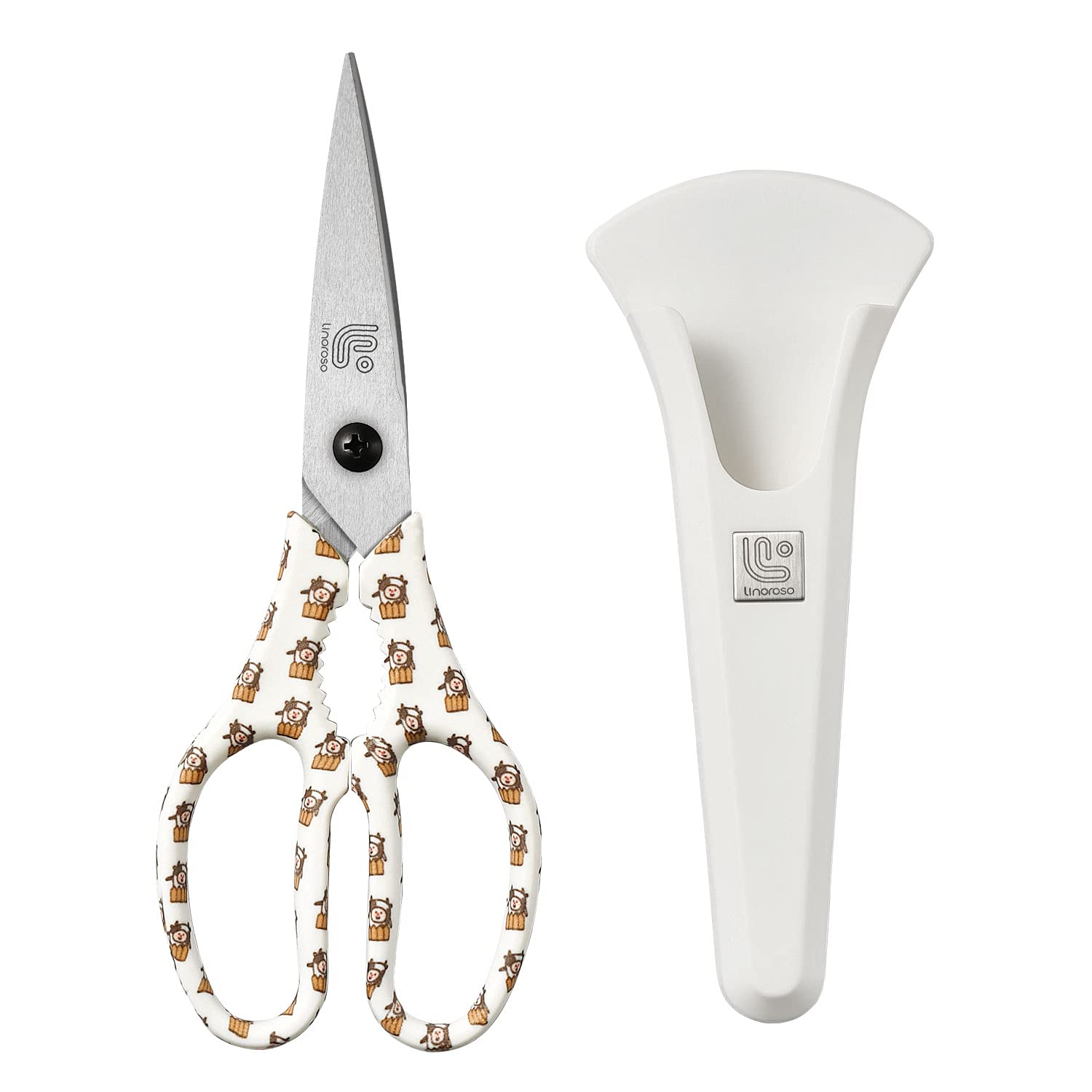Linoroso Heavy Duty Kitchen Scissor Ultra Sharp Utility Scissors with Cover, Cooking Cutting Stainless Steel Food Shears for Meat Poultry Fish Chicken Pizza Vegetables Herbs BBQ Nuts - Cow Graphic
