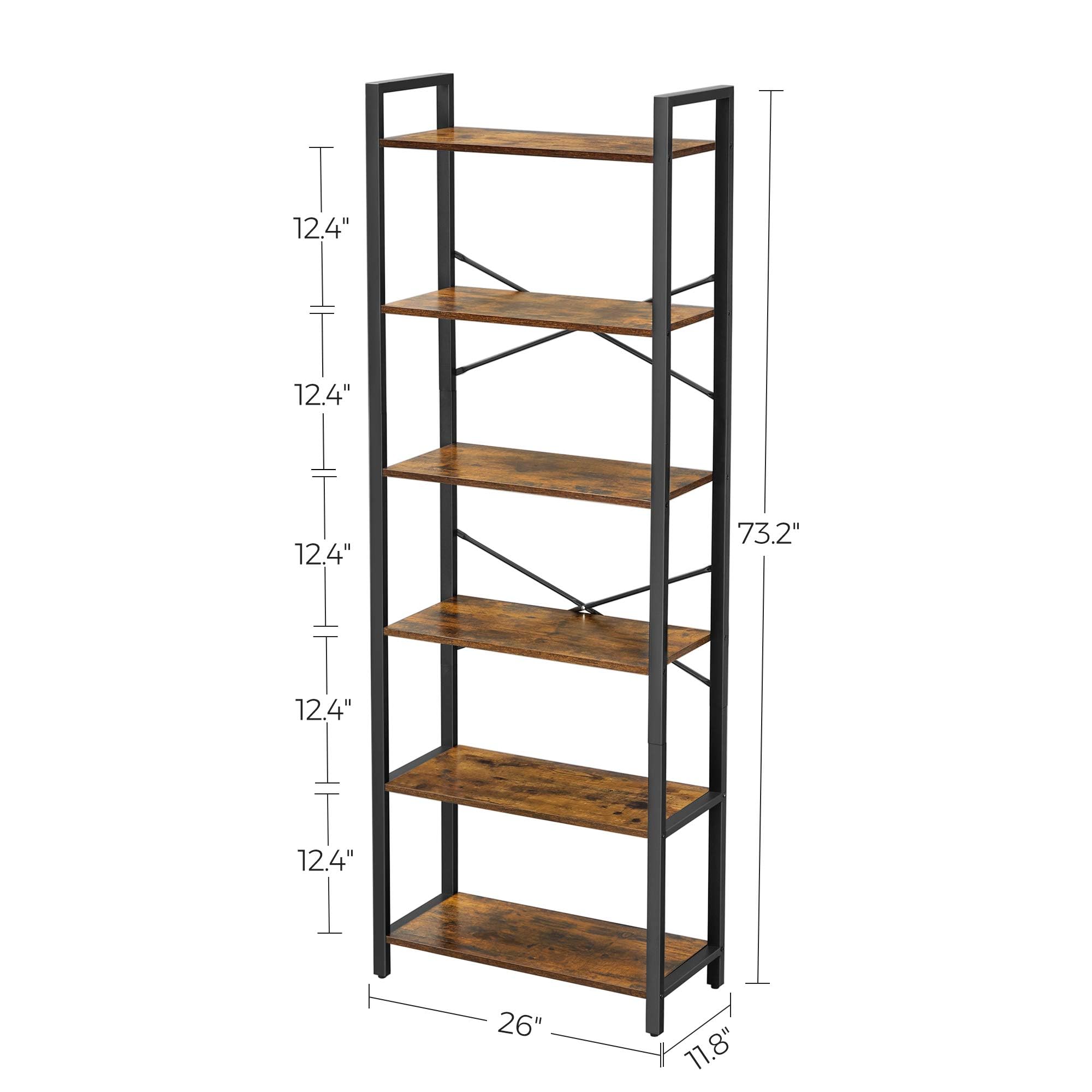 VASAGLE 6-Tier Bookshelf, Bookcase with Steel Frame, Book Shelf for Living Room, Home Office, Study, 11.8 x 26 x 73.2 Inches, Industrial Style, Rustic Brown and Ink Black ULLS062B01