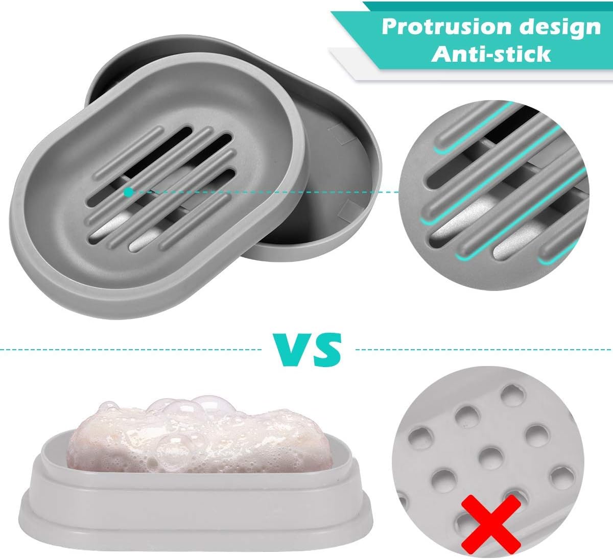 Homemaxs Soap Dishes 3 Pack ,【2021 Newest】 Soap Bar Holder with Drainage Design,Double-Layer Soap Saver Lightweight Portable Easy Cleaning Soap Box for Bathroom Shower Kitchen Washing Room（Grey）: Kitchen & Dining