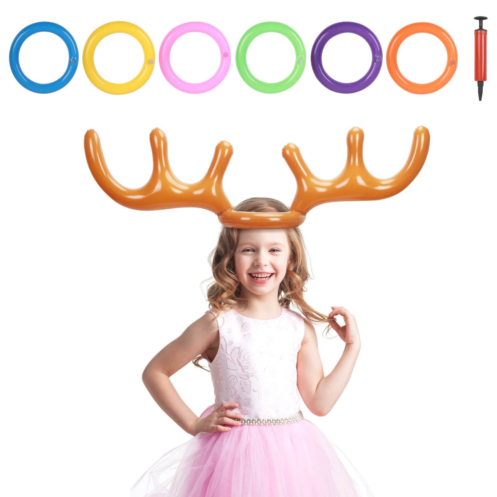 HONMOK Inflatable Reindeer Antler Game,Christmas Hoopla Ring Toss Game,Inflatable Reindeer Antler Hat with 6 Throwing Rings and 1 Pump,for Kids Adults Family Christmas Party Fun Games