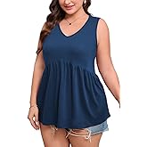 CARROTMOB Women's Plus Size Tank Tops 2025 Sleeveless Pleated V Neck Blouse Casual Loose Fit Summer Tops for Curvy Women