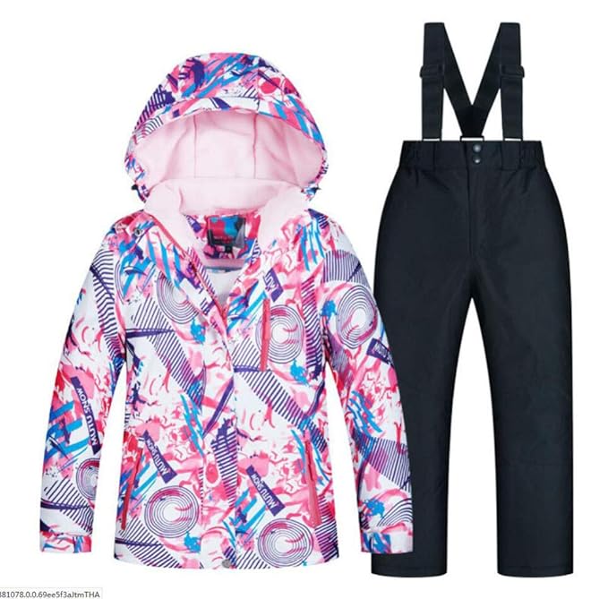 AQWWHY Kinder Mädchen Mit Kapuze Verdicken Muster Gedruckt Snowproof Outdoor Skianzüge Wasserdichte Gepolsterte Skijacken mit