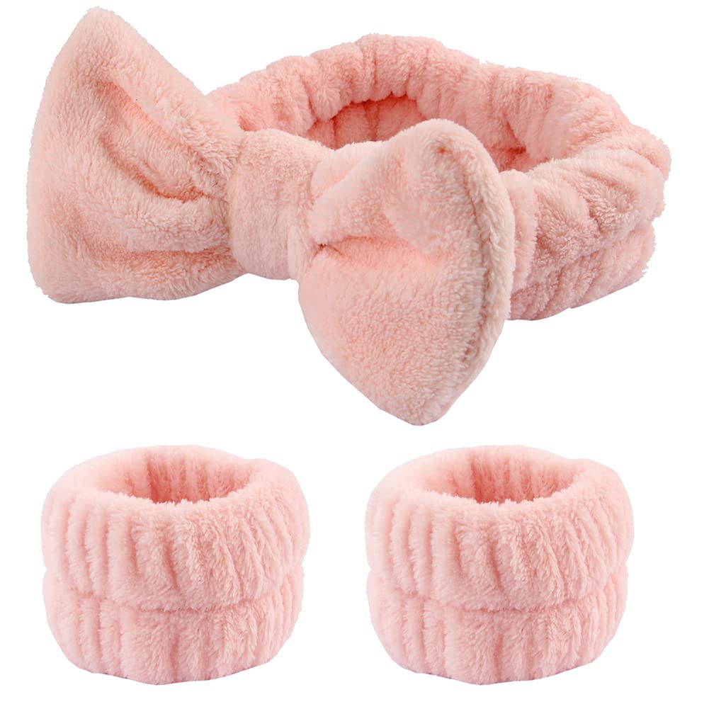 Pink Wrist Bands for Face Washing Headbands and Wristbands Pink Bowknot Spa Headband for Skincare Wrist Towels for Washing Face Head Bands for Make Up Wrist Band for Skin Care Bow Headband and Cuffs