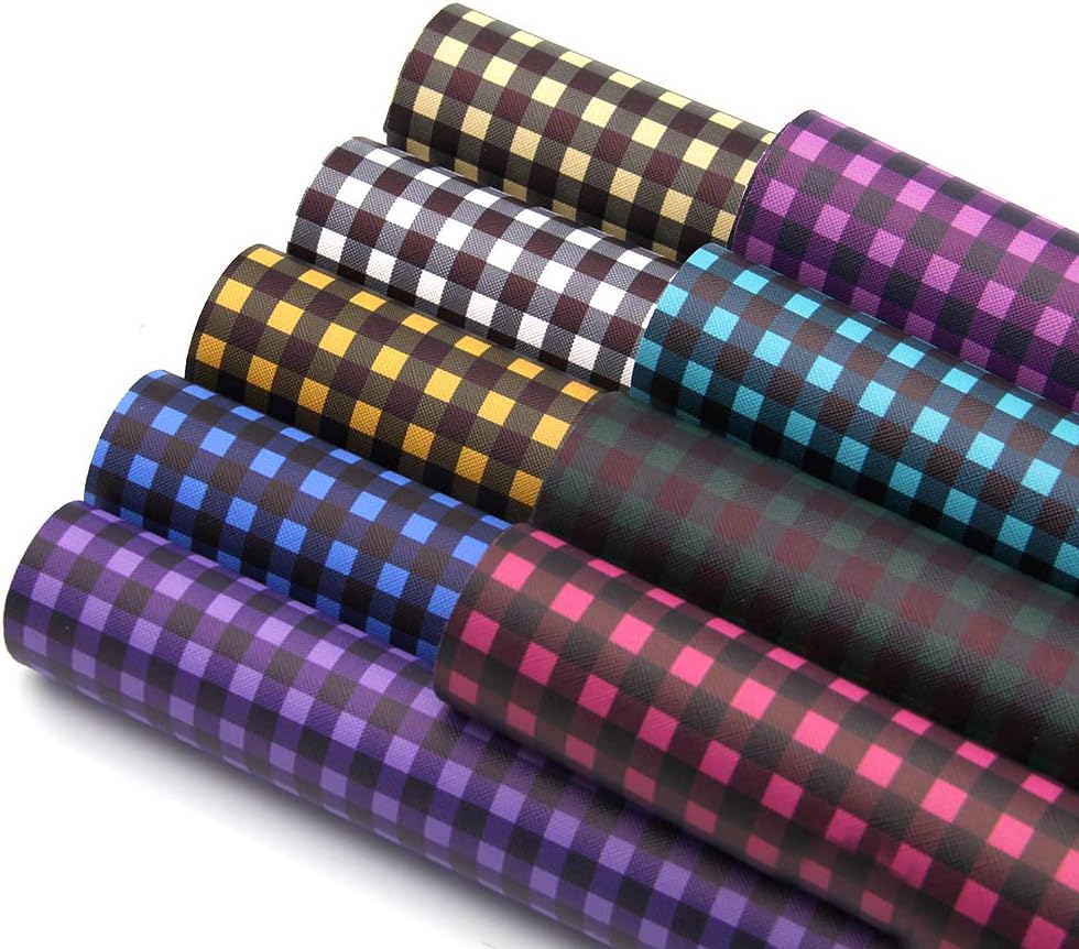 David accessories Printed Faux Leather Sheets Plaid Printed Synthetic Leather Fabric 9 Pcs 8" x 13" (20 cm x 34 cm) Canvas Back Craft DIY Craft Assorted Colors