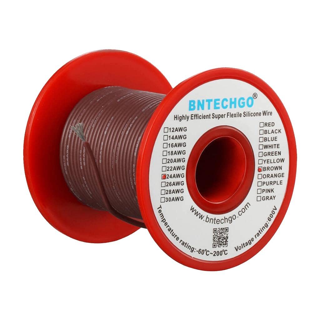 BNTECHGO 24 Gauge Silicone Wire Spool Brown 100 ft Ultra Flexible High Temp 200 deg C 600V 24 AWG Silicone Rubber Wire 40 Strands of Tinned Copper Wire Stranded Wire for Model Low Impedance