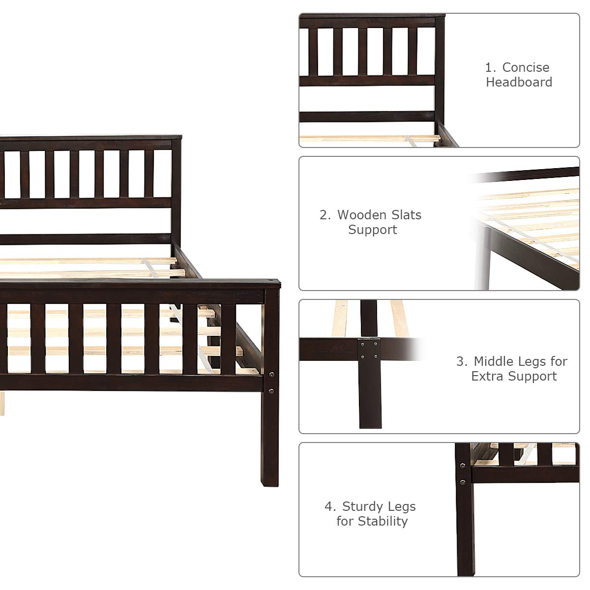 Giantex Deluxe Solid Wood Platform Bed With Headboard Footboard 14 Inch Pine Wooden Mattress Foundation Wood Slats Great Support With Six Legs No Box Spring Needed Antique Espresso Queen Amazon In Home Bed Frame Without Middle Support