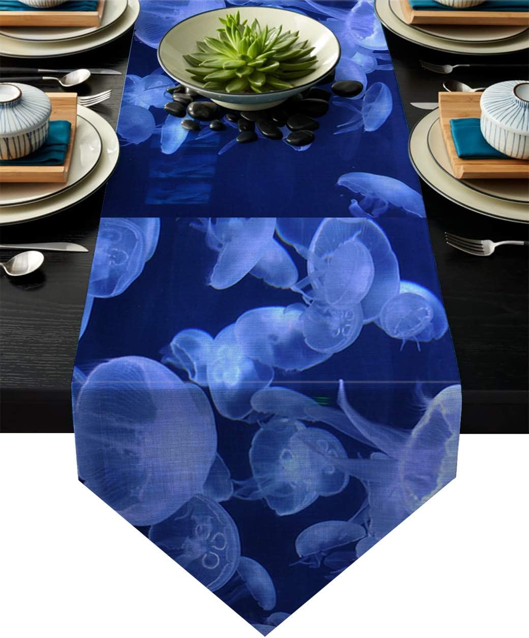 Fandim Fly Dining Table Runner 13 x 90 Inch, Jellyfish Artsy Ocean Animal Print Sea Maritime Theme Table Runners for Morden Stylish Wedding Party Holiday Table Setting Decor