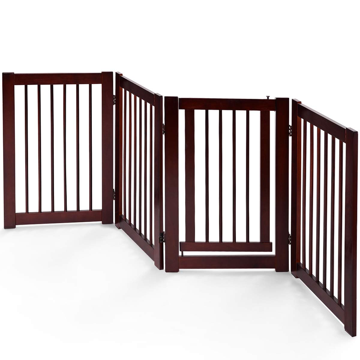 PETSITE Freestanding Wooden Pet Gate ( White color) Walk-Through Door and 4 Foldable Panels, Indoor Gates for Doorways Corridor Hallway