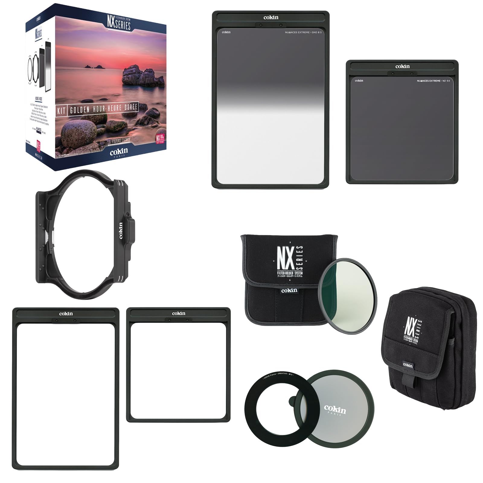 COKIN NX-Series Golden Hour Kit inc. 100mm Filter-Holder + Wallet + NUANCES Extreme ND64 in frame + GND8 Soft in frame + ø72/77/82mm Adapter ring + accessories