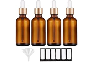 PrettyCare Eye Dropper Bottles 2 oz 4 Pack (Glass Bottles 60ml with Golden Caps, 12 Labels, Funnel & Measured Pipettes) Empty for Essential Oils (Amber)