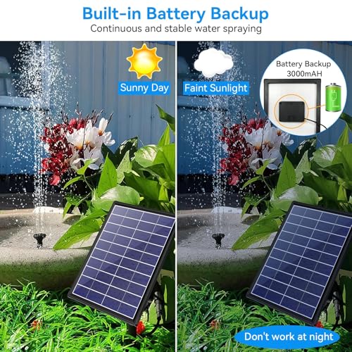 POPOSOAP 6.5W Solar Fountain Pump for Bird Bath Built-in 3000mAh Battery Backup, DIY Solar Water Fountain with Double-Layer Nozzles & Dry-Run Protection 5Ft Tubing for Ponds, Bird Bath, Water Features