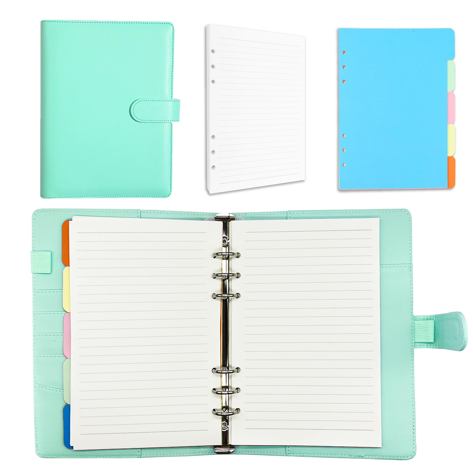 A5 Ring Binder, 6 Ring PU Leather Loose Leaf Notebook Planner Notebook Cover with 45 Sheets A5 Lined Paper, Binder Dividers for School Office Meetings Green — image 1