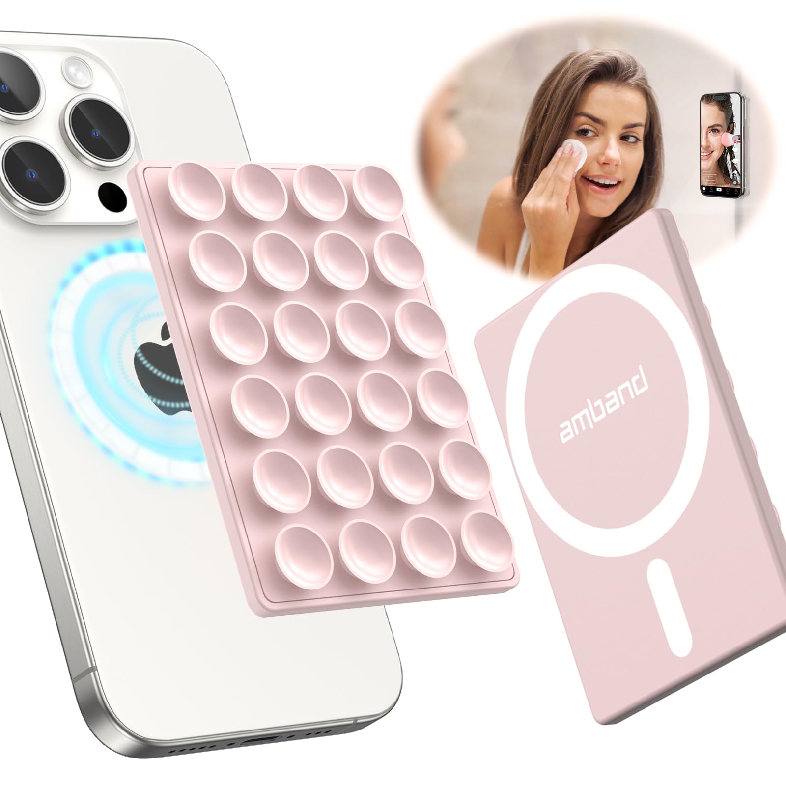 Photo 1 of amBand Silicone Octo Suction Buddy Phone Case Sticky Grip Stocking Stuffers Gift for Women, Removable Hands-Free Selfie/Video Holder for Influencers Content Creator Essentials - Light Pink