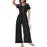 CUPSHE Women's One Piece Jumpsuits Dressy Zip Up Casual Short Sleeve Rompers Loose Wide Leg Pants Overalls Vacation Outfits