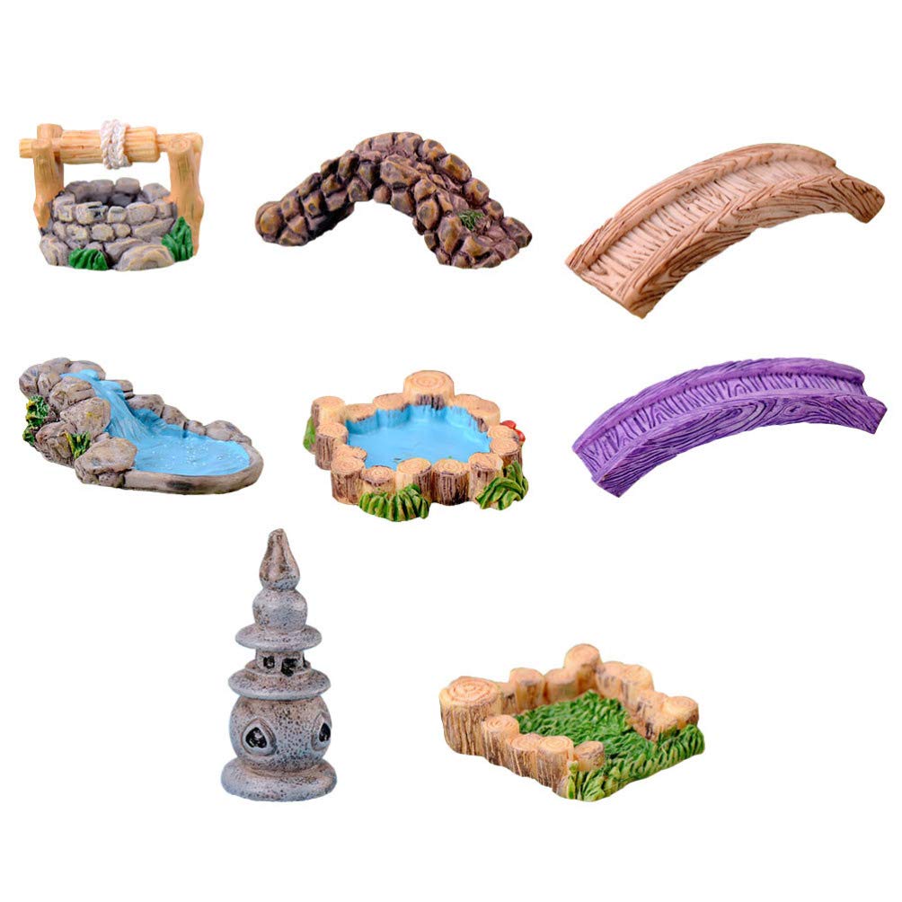 8Pcs Zen Garden Accessories Fairy Garden Water Well Bridge Miniature Figurine Gardening Pool Garden Terrarium DIY Ornament Mixes