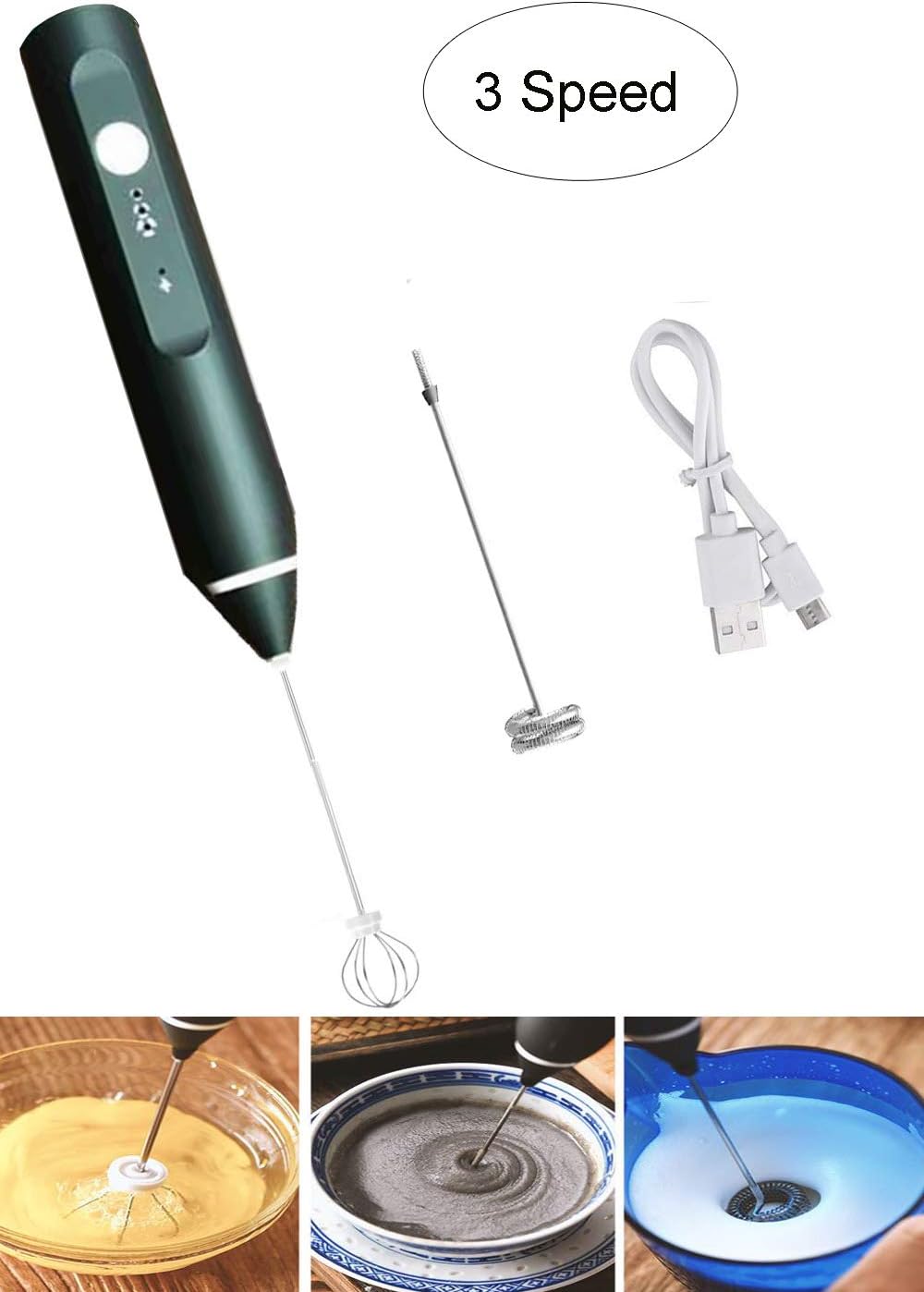 Angelkiss Milk Frother USB Rechargeable Electric Whisk Hand-Held Coffee Frother 2-in-1 Egg Beater Milk Bubbler 3 Speed with Two Whisk Heads for Latte Cappuccino Hot Chocolate
