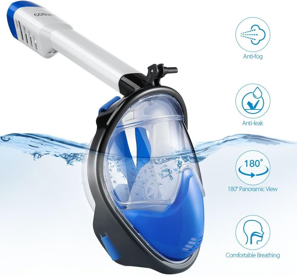 COSUPA Snorkeling Mask Full Face, Easybreath Foldable Scuba Diving Mask, 180 Panoramic Goggles Snorkel Set Snorkel Set for Adult Youth, with Dry Snorkel and GoPro Mount