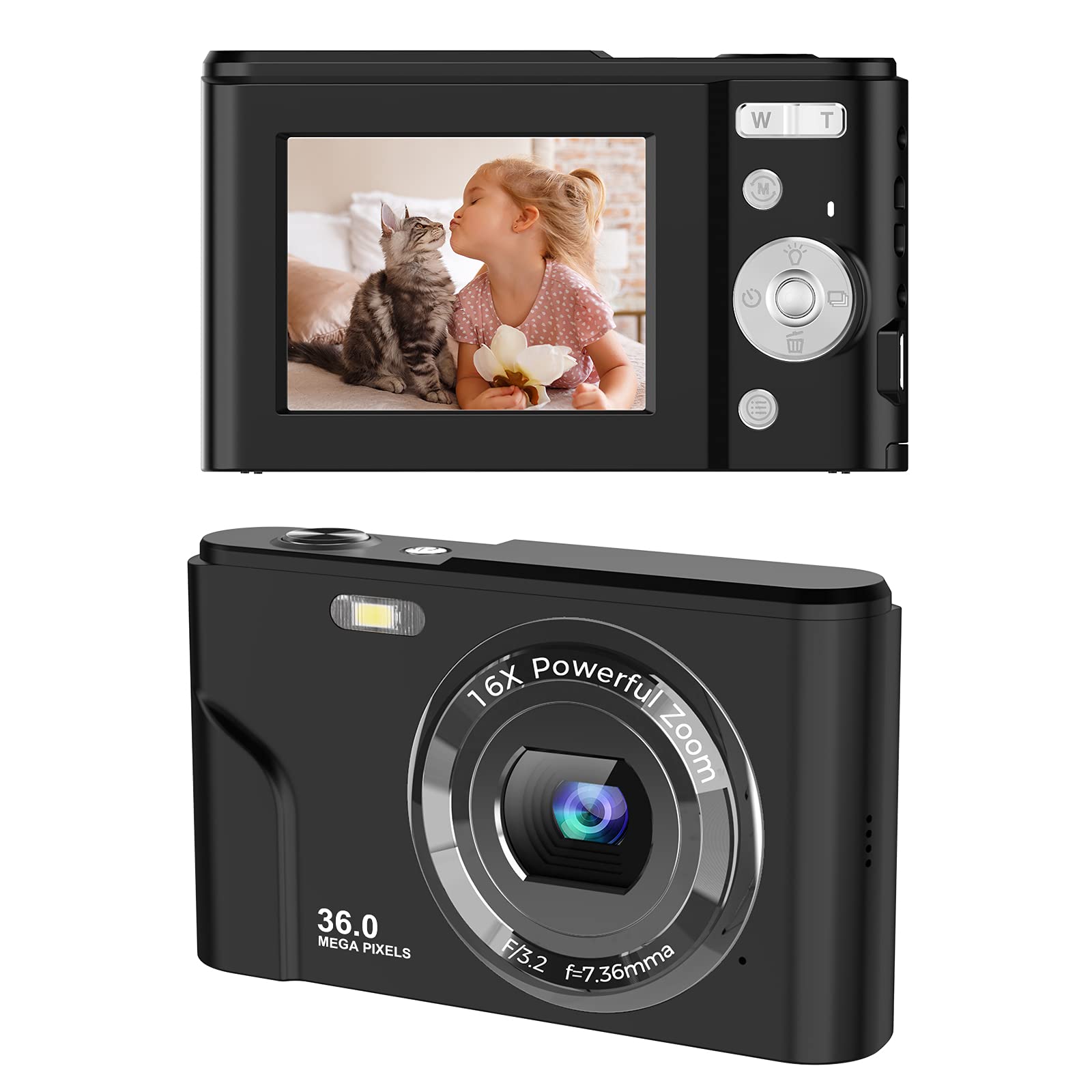 TOBERTO HD Digital Camera, 1080P Vlogging LCD Mini Camera with 16X Zoom 36MP Digital Point and Shoot Camera Video Camera, for Kids Students Beginners Beauty Face