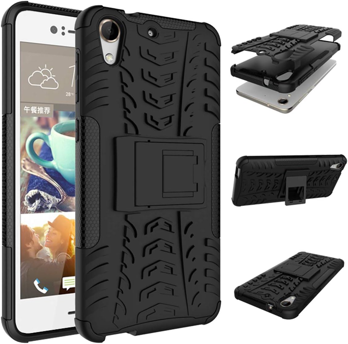 HTC Desire 728 Case- Dual Layer Rugged Armor Shockproof Bumper Hard Back Case Cover for HTC Desire 728(Black)