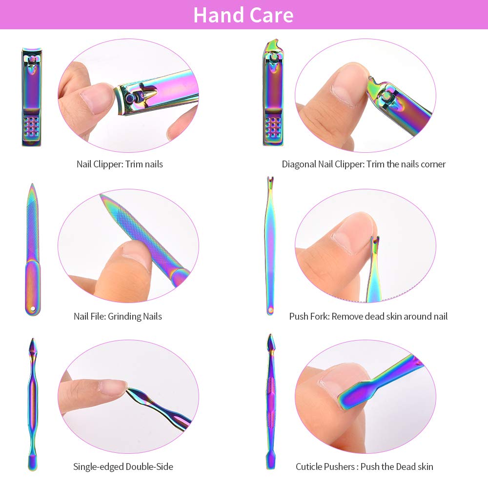 15 Pcs Nail Clippers, Rainbow Color Toenail Clippers Manicure Set Pedicure Tools Nail Clippers for Women Stainless Steel Nail Clippers Nail Clipper Set Provide Hands Foot and Face Care for Men Women : Beauty