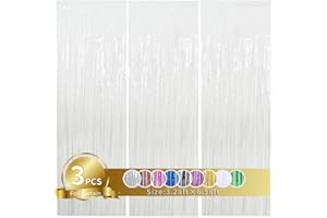 TONIFUL 3Pcs White Metallic Tinsel Foil Fringe Curtains, 3.28ft x 6.56ft White Photo Booth Backdrop Streamer Curtain,Photo Booth Props, Bachelorette Party Supplies, Birthday, Christmas,New Year Decorations