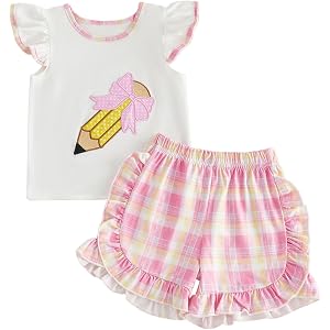 Nibbcoa Back to School Toddler Girl Outfit Embroidery Flutter Sleeve T-Shirt Ruffle Shorts Set Kids Kindergarten Clothes