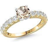 Gem Stone King 14K 2 Tone Gold Peach Morganite and Lab Grown Diamond Engagement Ring For Women | 1.05 Cttw | Round 5MM | Gemstone October Birthstone